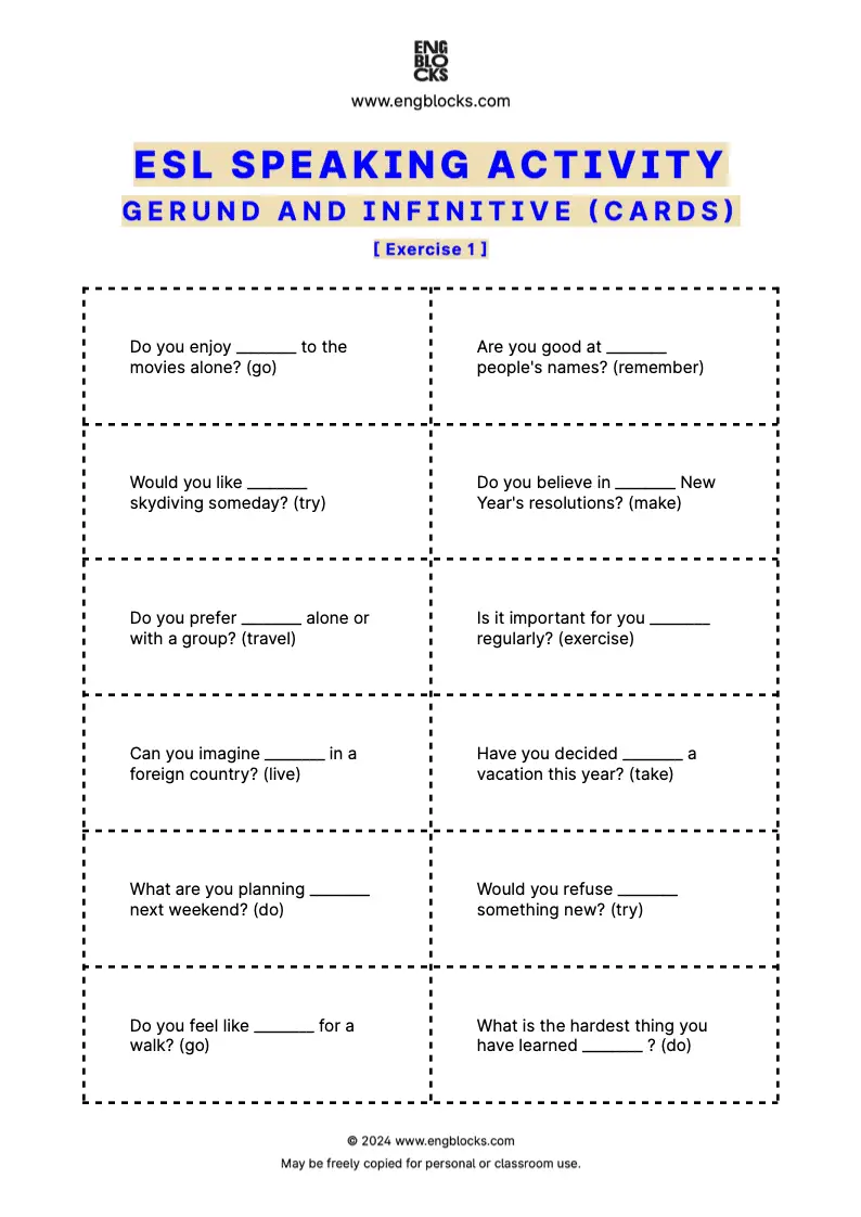 ESL Speaking Activity Worksheet for practicing Gerunds and Infinitives in the ESL Classroom (cards format)