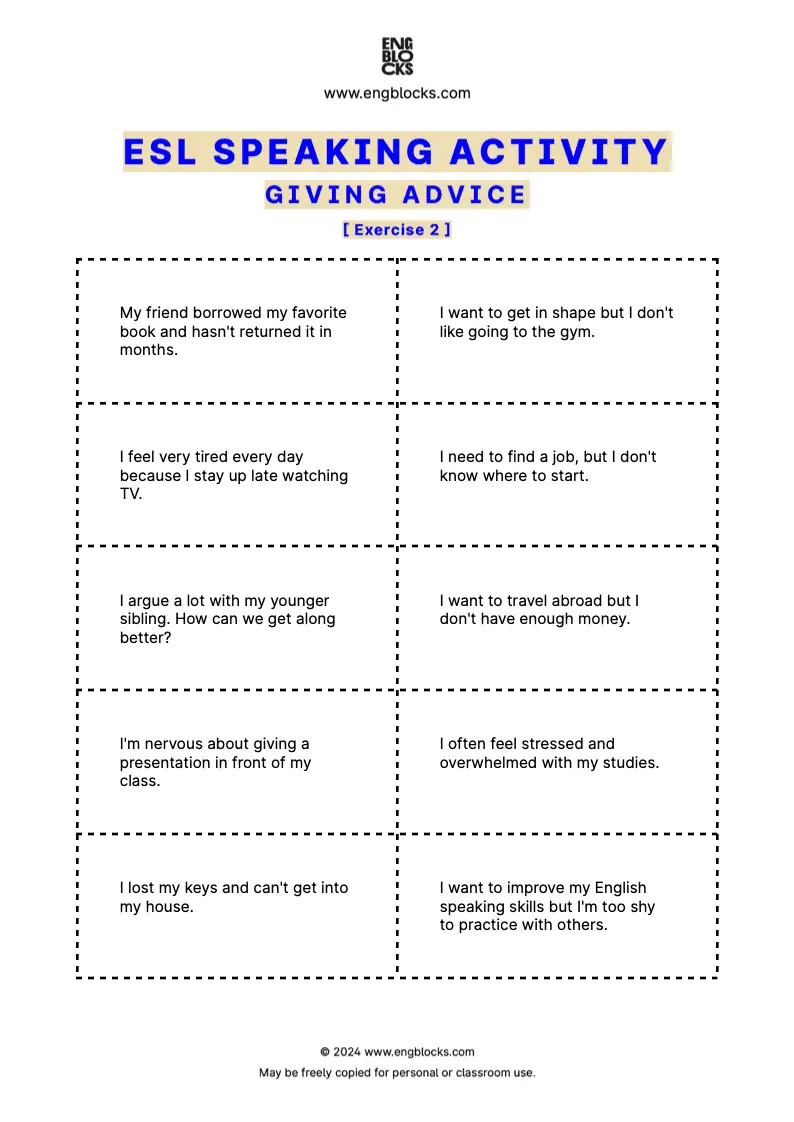 ESL Speaking Activity Worksheet for students to discuss situations and ask for advice based on their cards