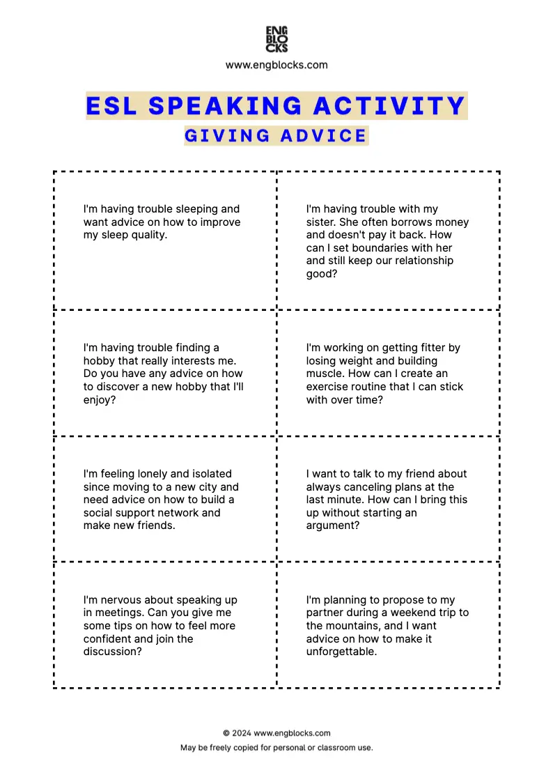 ESL Speaking Activity Worksheet for students to discuss situations and ask for advice based on their cards