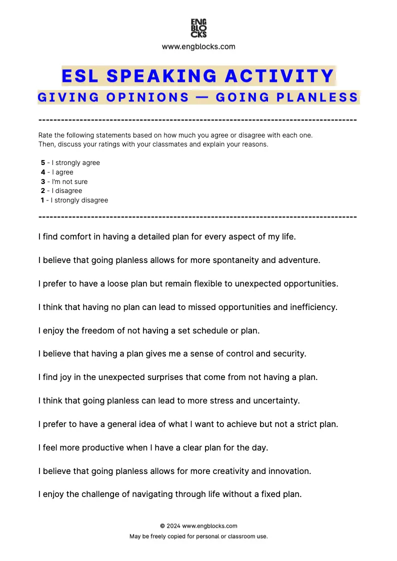 ESL Speaking Activity worksheet for ESL classroom discussion about Going Planless