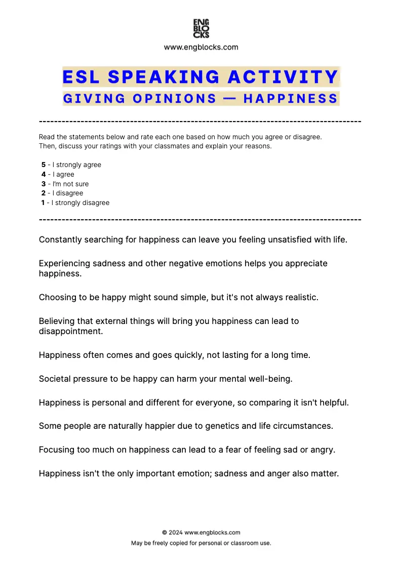 ESL Speaking Activity worksheet for classroom discussion on the topic of happiness
