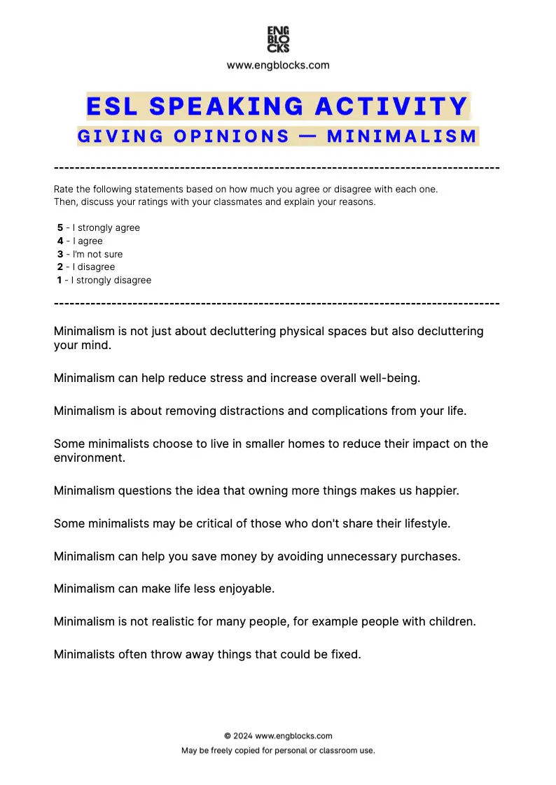 ESL Speaking Activity worksheet for ESL classroom discussion on the topic of Minimalism