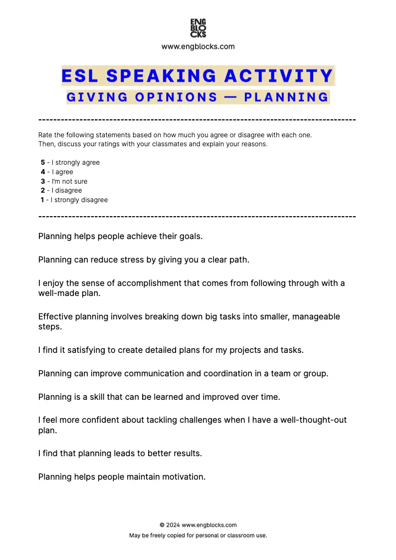 ESL Speaking Activity worksheet for ESL classroom discussion on the topic of Planning