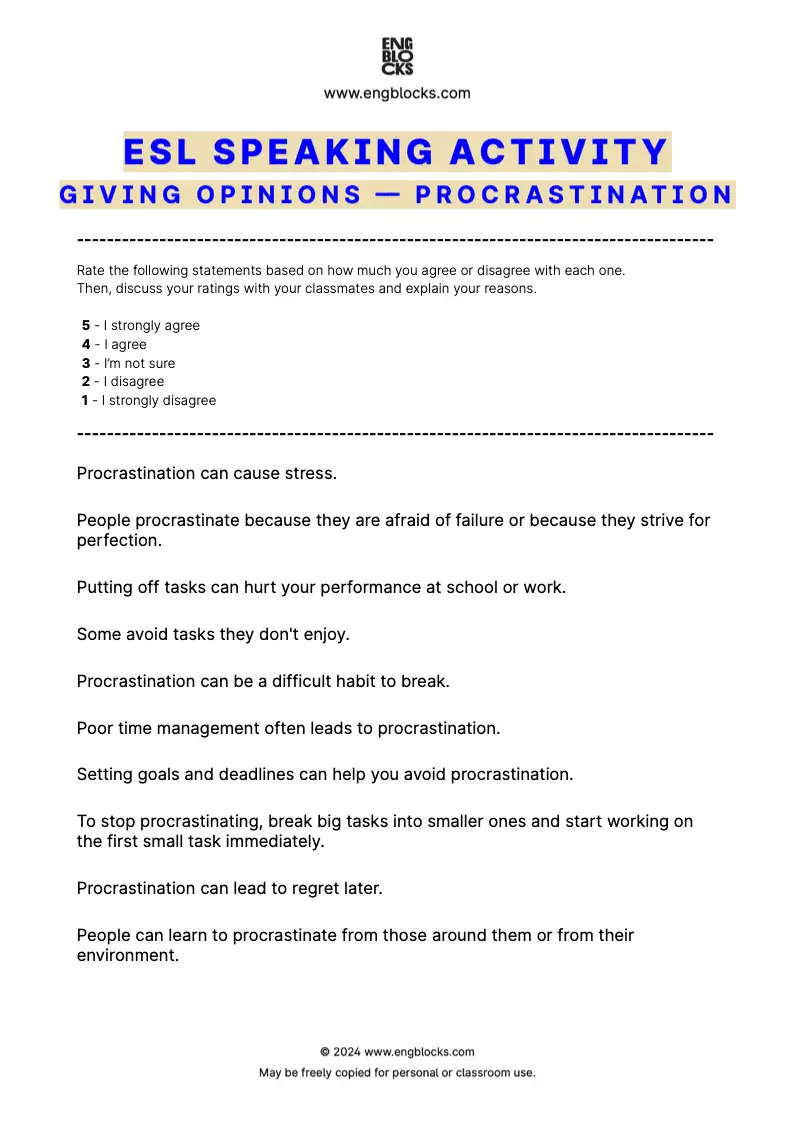 ESL Speaking Activity worksheet for ESL classroom discussion about Procrastination