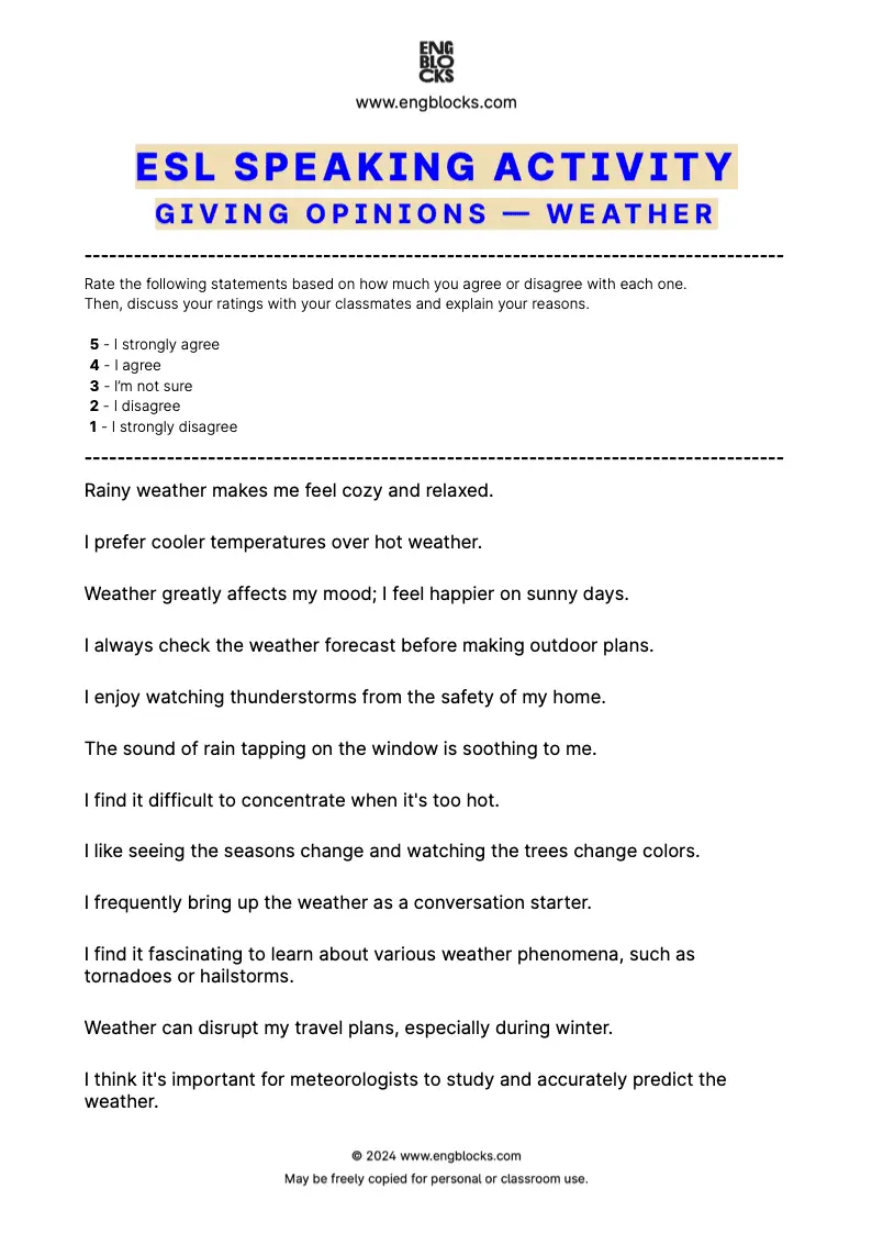 Downloadable ESL Speaking Activity worksheet for classroom discussion on the topic of weather