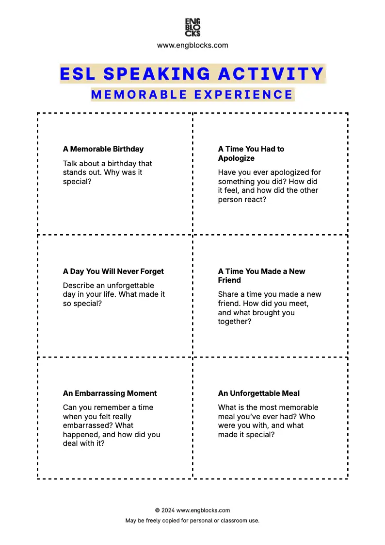 ESL Speaking Activity Worksheet for students to discuss their personal experiences and share memorable moments.