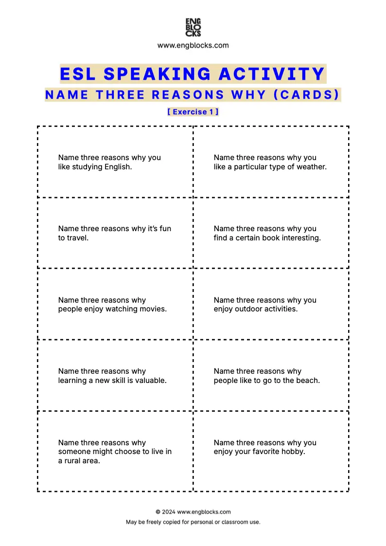 ESL Speaking Activity Worksheet to practice expressing opinions and reasoning in English (cards format)