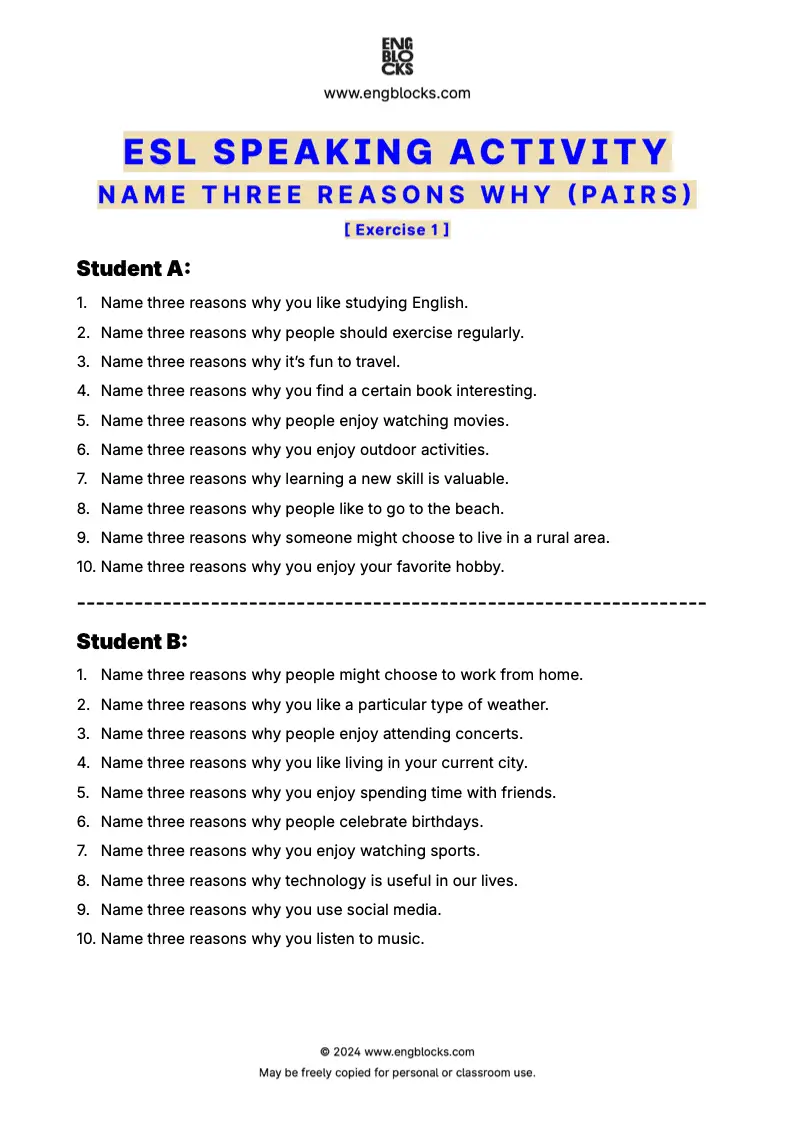 ESL Speaking Activity Worksheet to practice expressing opinions and reasoning in English (pair work format)