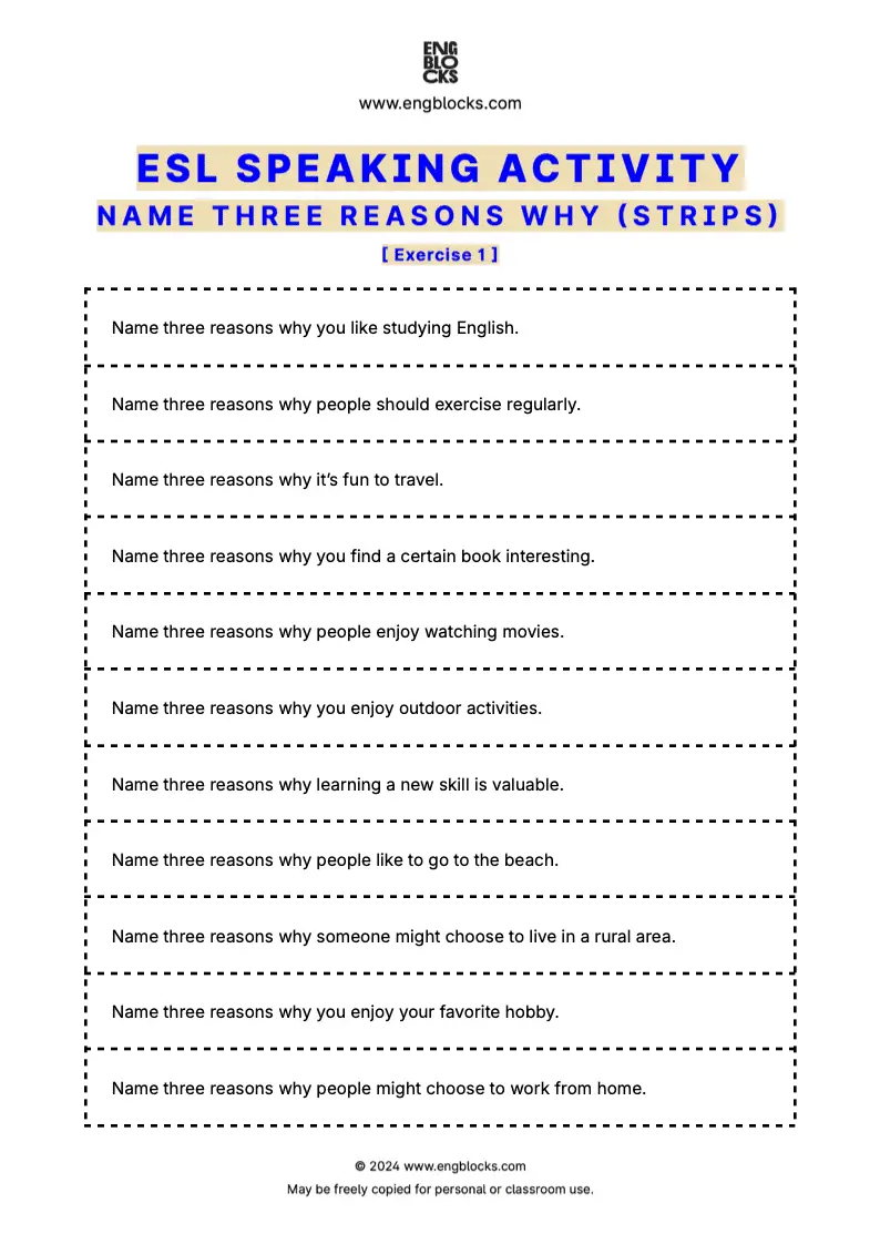 ESL Speaking Activity Worksheet to practice expressing opinions and reasoning in English (strips format)
