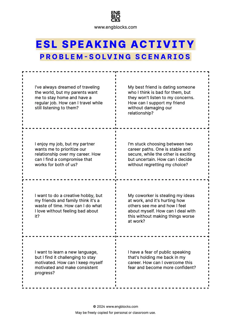 Downloadable ESL Speaking Activity Worksheet for practicing problem-solving in English