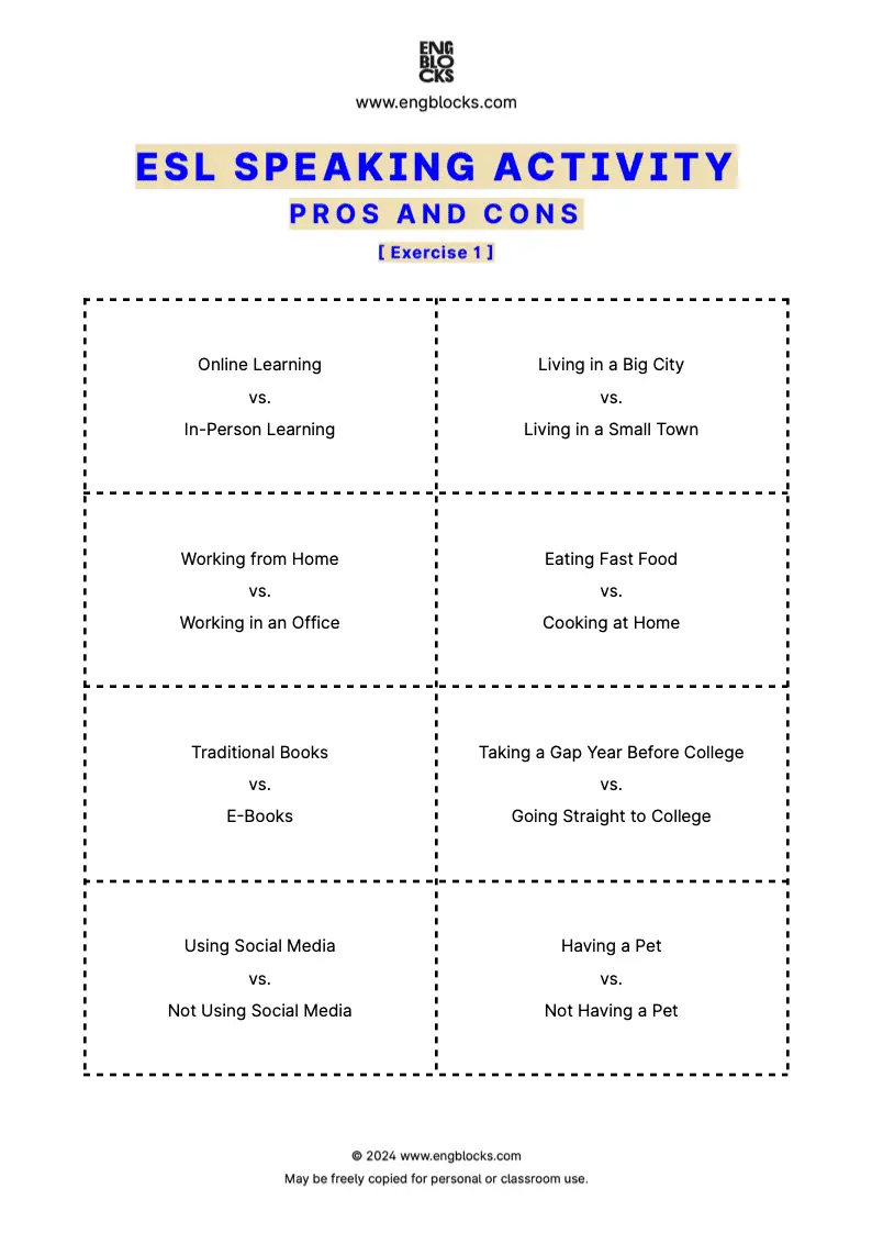 ESL Worksheet featuring a speaking activity where students discuss the pros and cons of various topics.