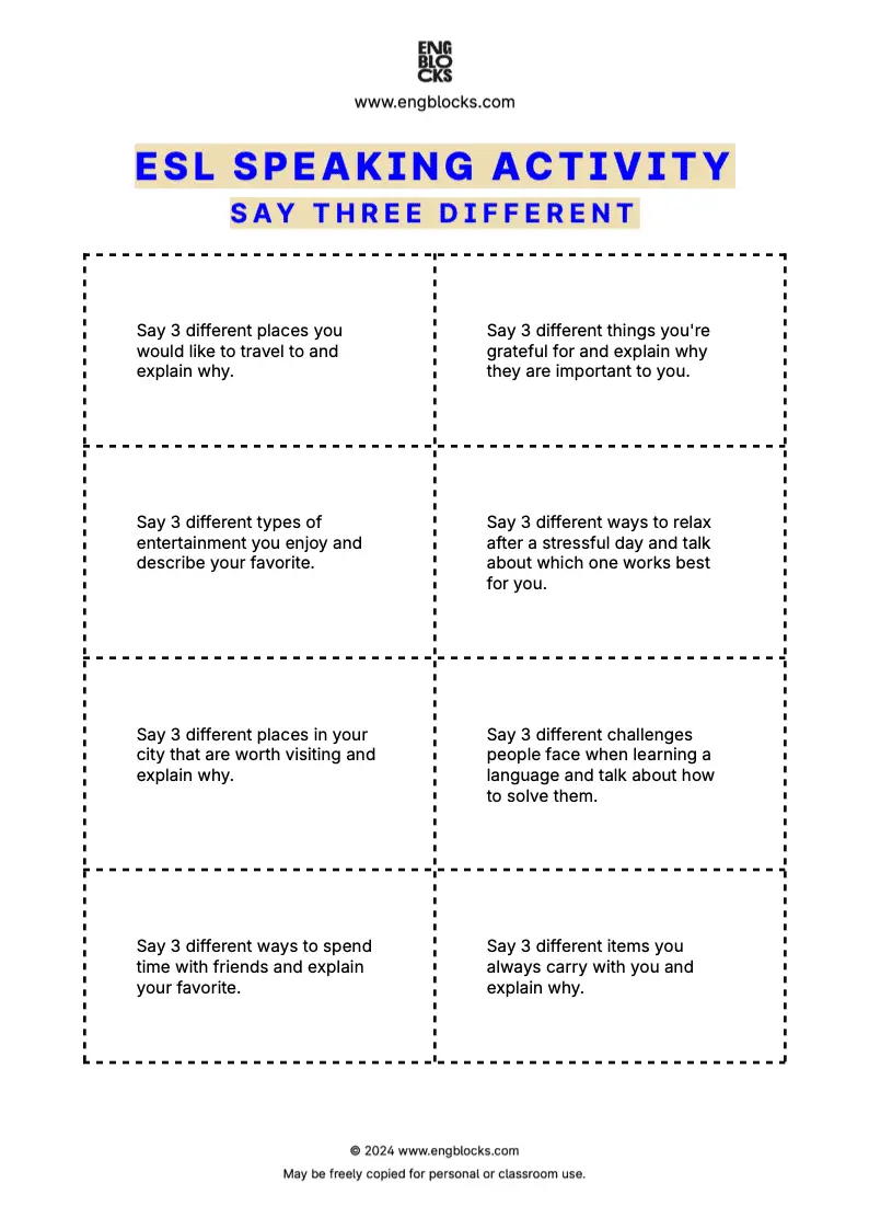 ESL speaking activity worksheet where students are given a statement and asked to share three different things related to it