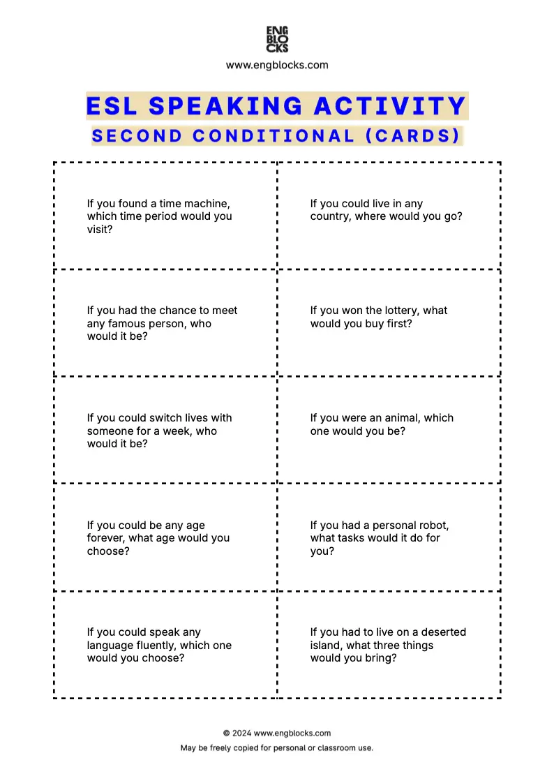 ESL Speaking Activity worksheet where students practice the Second Conditional (cards format)