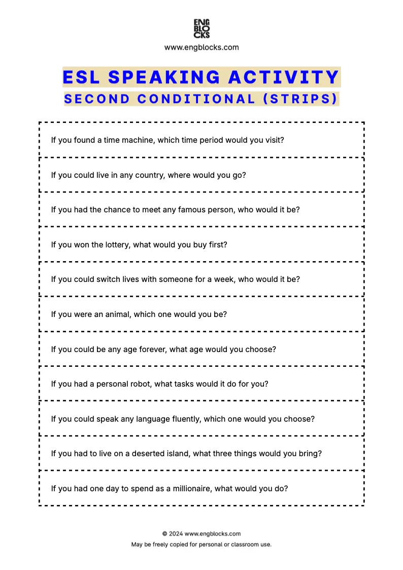 ESL Speaking Activity worksheet where students practice the Second Conditional (strips format)