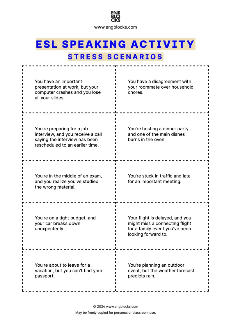 ESL Speaking Activity Worksheet featuring stress scenarios for discussion in the ESL classroom