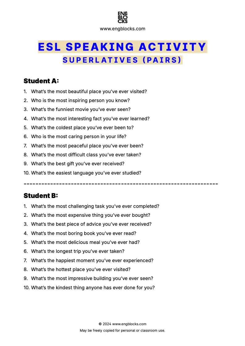 ESL Speaking Activity where students practice superlatives by sharing personal experiences in pair or group discussions (pair work format)