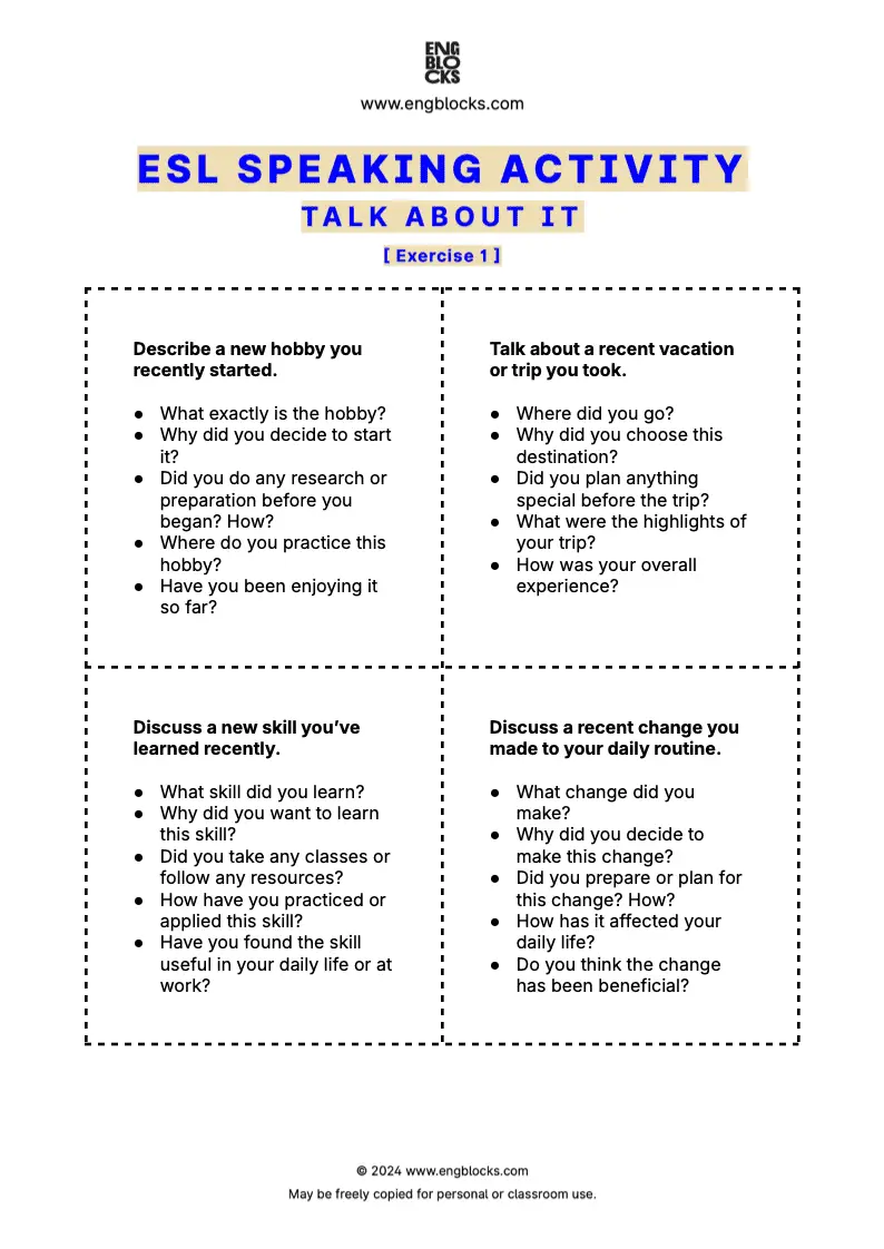 ESL Worksheet featuring  cards to practice speaking and communication skills by discussing various personal experiences and interests