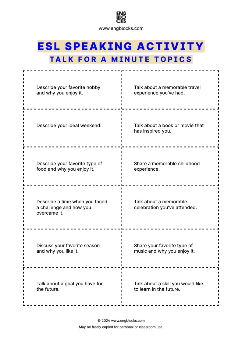 ESL Speaking Activity Worksheet for classroom discussion, featuring Talk for a Minute cards on various topics