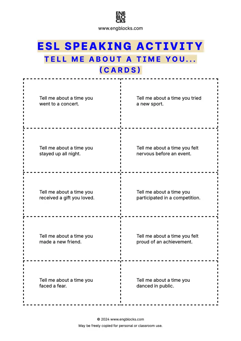 ESL Speaking Activity Worksheet encouraging students to share their personal stories and reflect on past experiences (cards format)