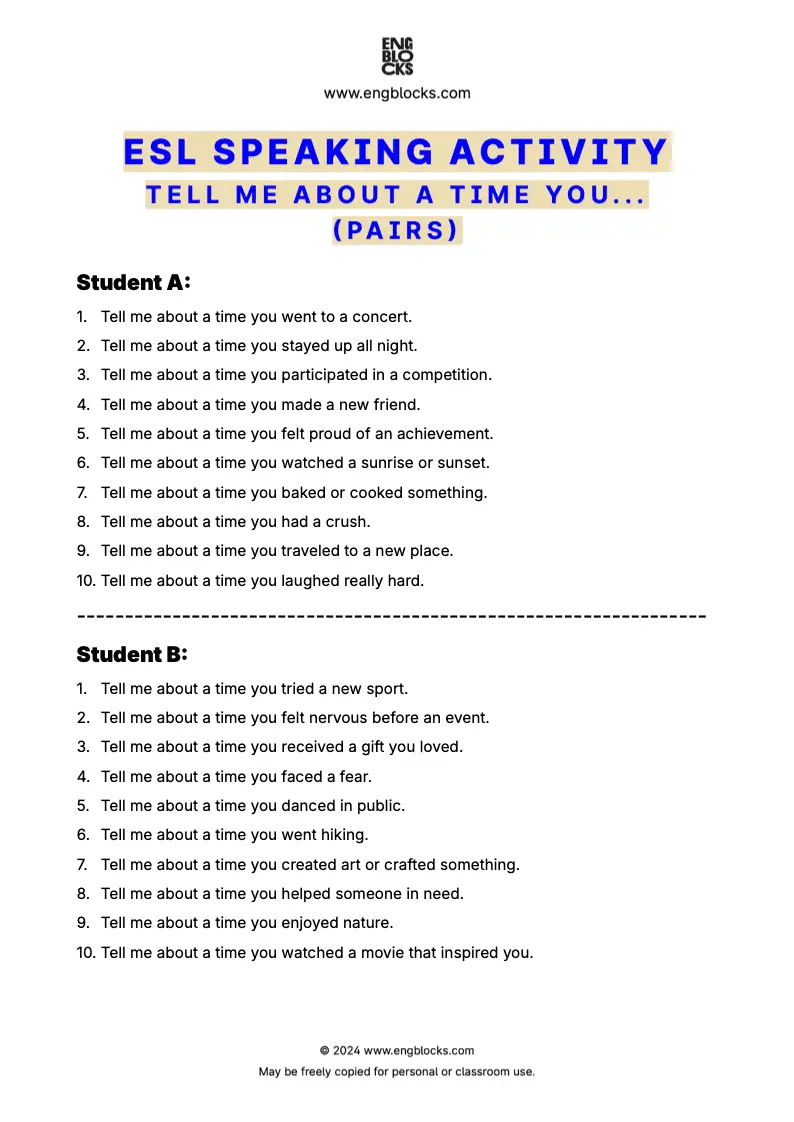 ESL Speaking Activity Worksheet encouraging students to share their personal stories and reflect on past experiences (pair work format)