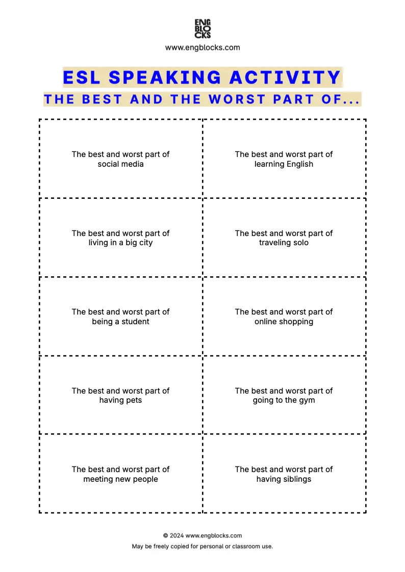 ESL Speaking Activity Worksheet to discuss the best and the worst aspects of various topics