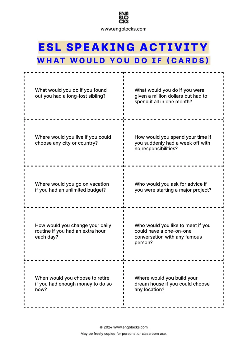 ESL Speaking Activity Worksheet to practice second conditional (cards format)