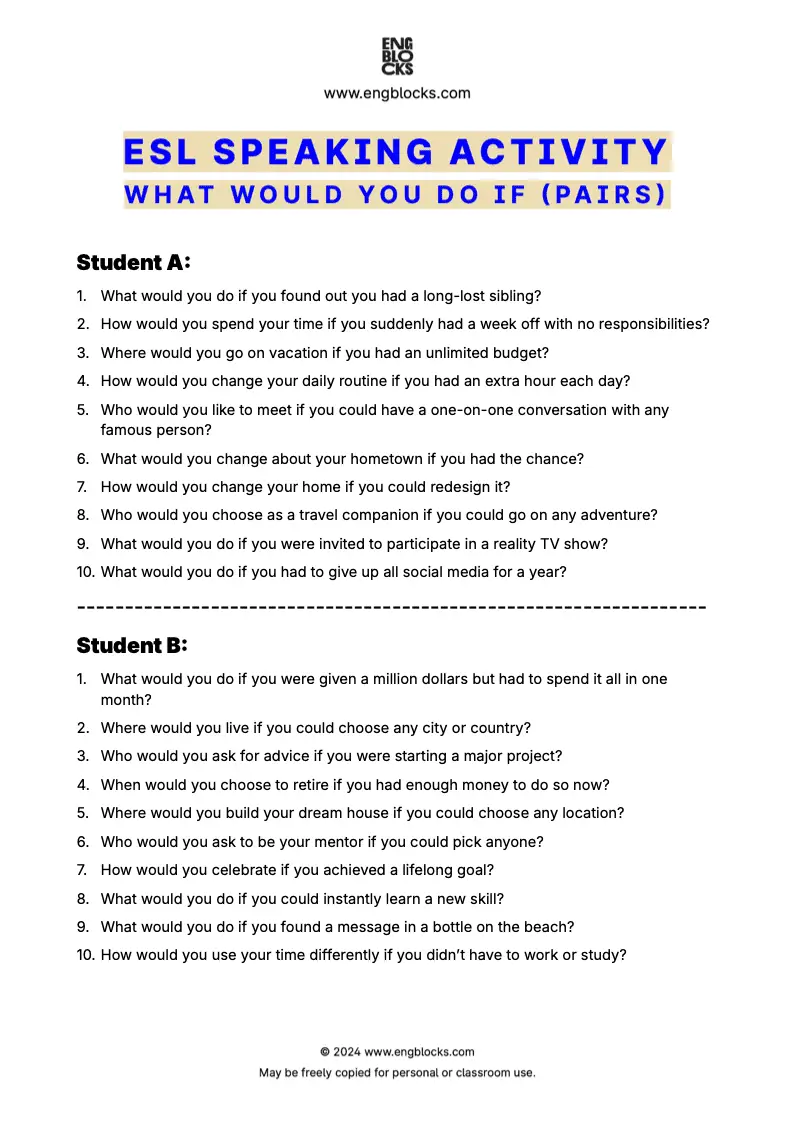 ESL Speaking Activity Worksheet to practice second conditional (pair work format)