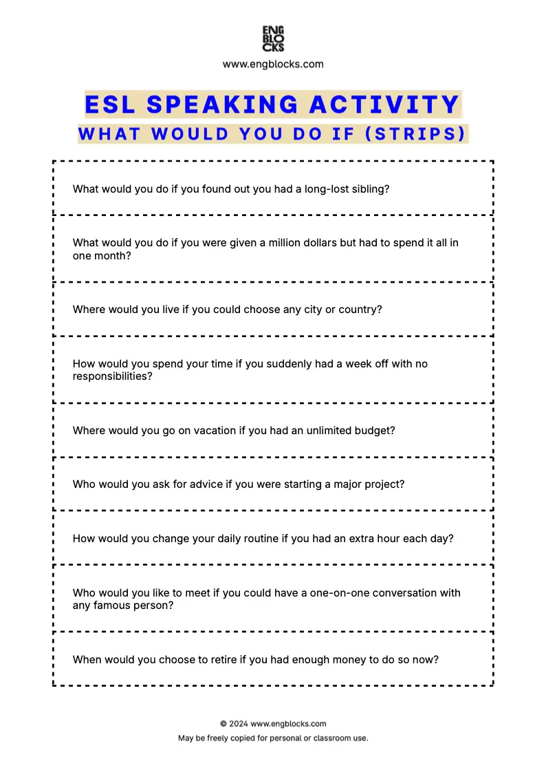 ESL Speaking Activity Worksheet to practice second conditional (strips format)