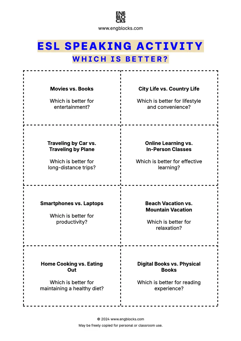 ESL Speaking Activity Worksheet to practice comparative language skills and expressing opinions through lively debates