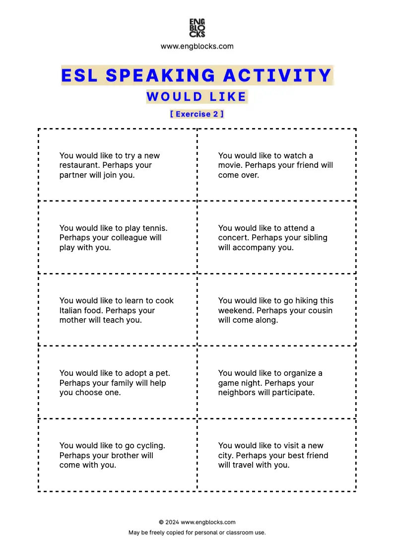 ESL Speaking Activity Worksheet for practicing Would you like