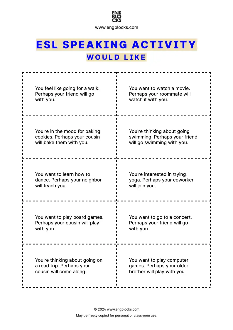 ESL Speaking Activity Worksheet for practicing Would you like