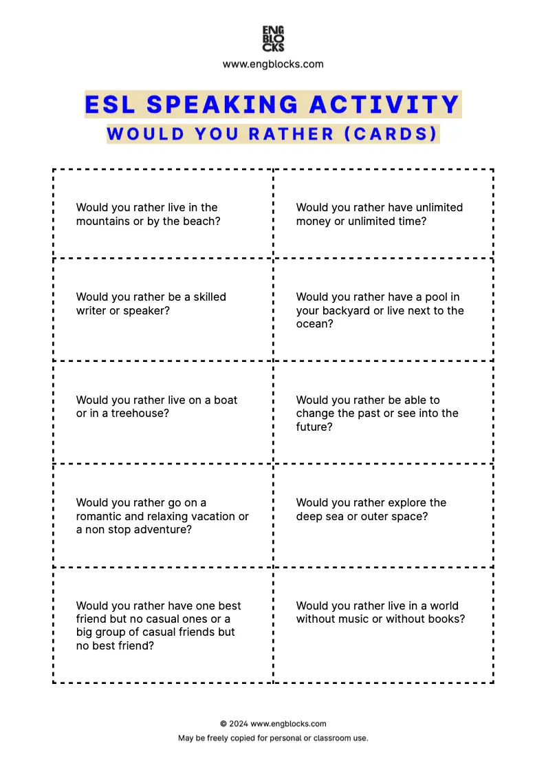 Downloadable ESL Speaking Activity Worksheet with twenty Would You Rather ESL Questions (cards format)
