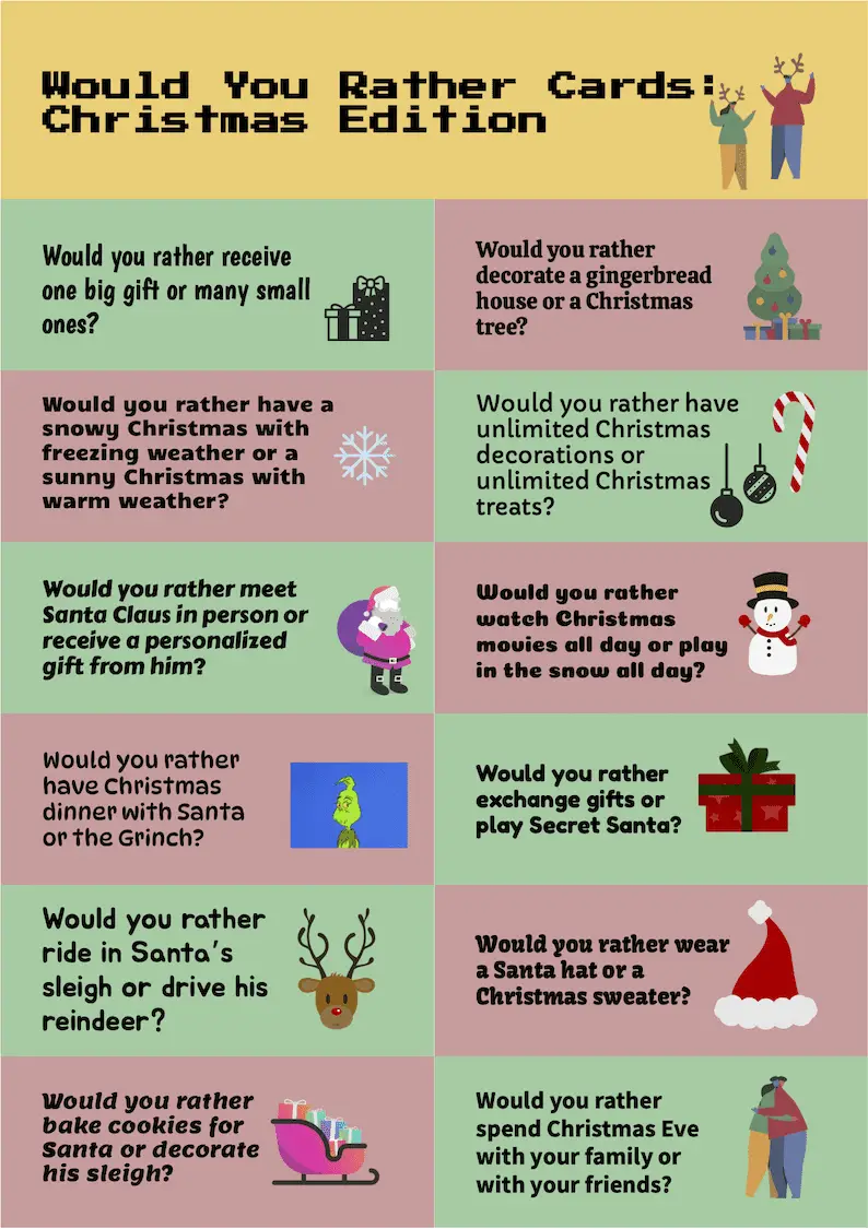 ESL Speaking Activity Worksheet with Would You Rather questions tailored to Christmas.