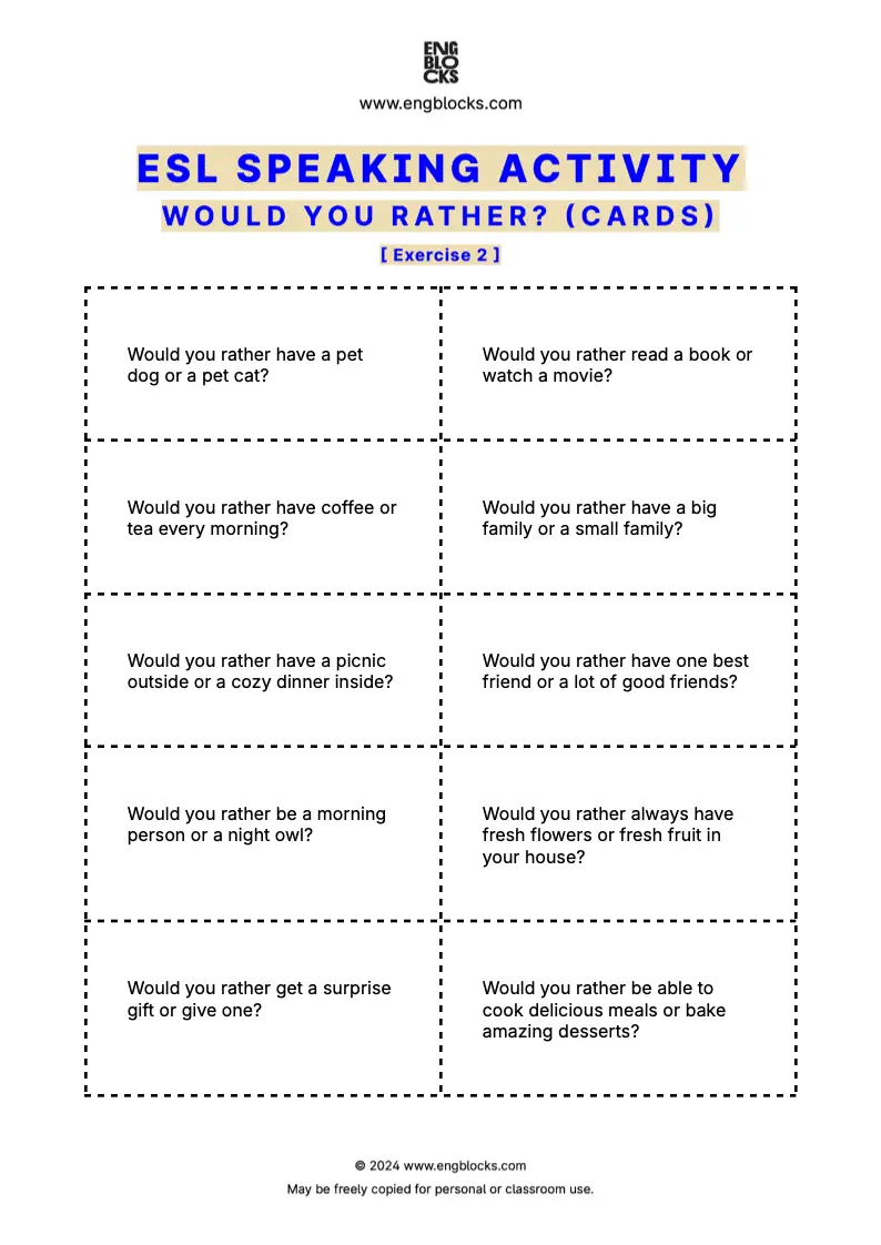 Downloadable ESL Speaking Activity Worksheet with twenty Would You Rather ESL Questions (cards format)