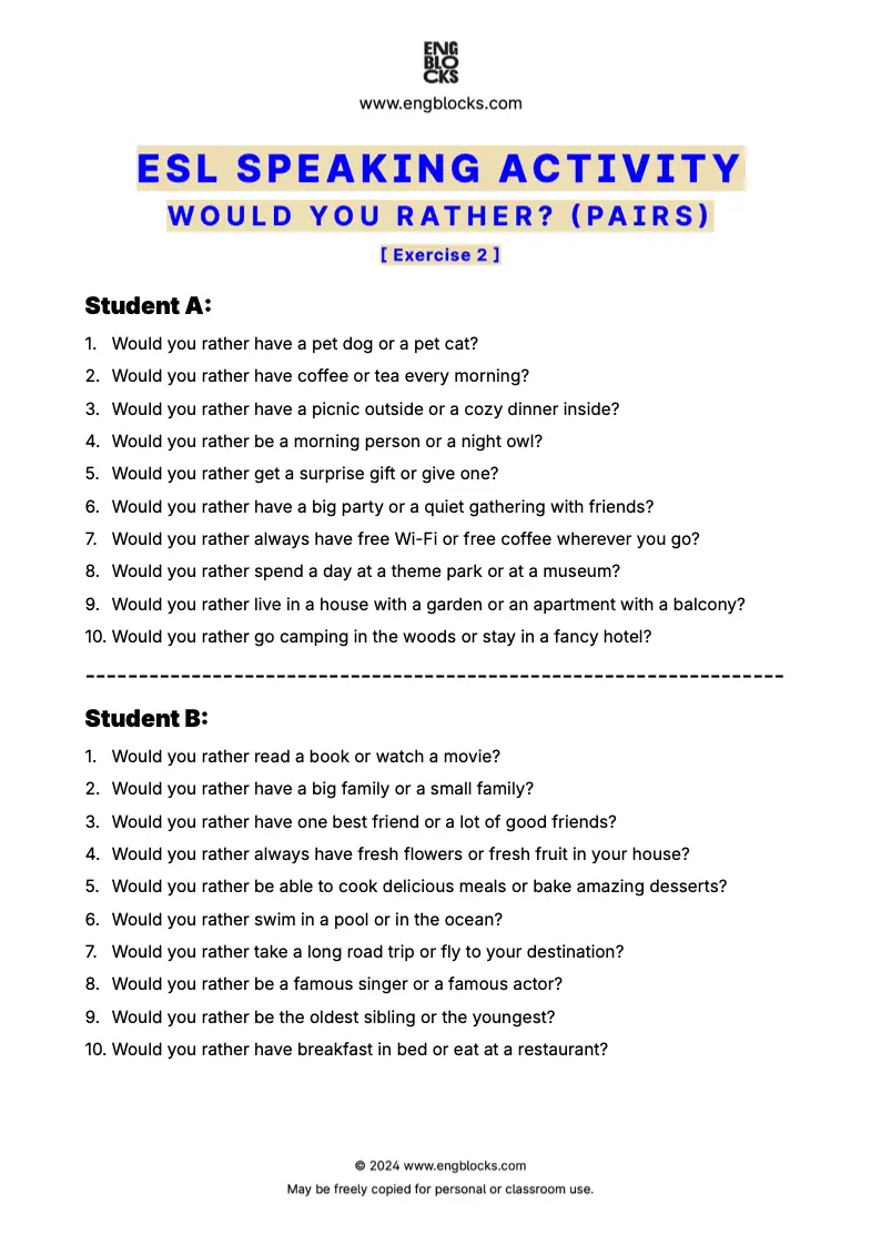 Downloadable ESL Speaking Activity Worksheet with twenty Would You Rather ESL Questions (pair work format)