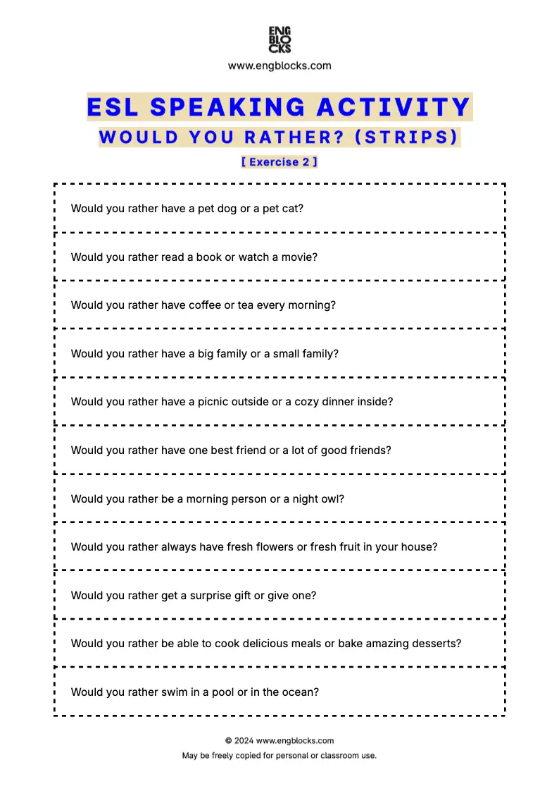 Downloadable ESL Speaking Activity Worksheet with twenty Would You Rather ESL Questions (strips format)