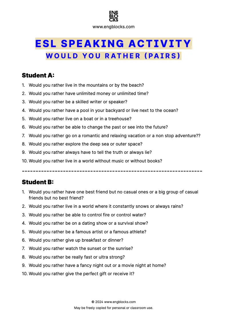 Downloadable ESL Speaking Activity Worksheet with twenty Would You Rather ESL Questions (pair work format)