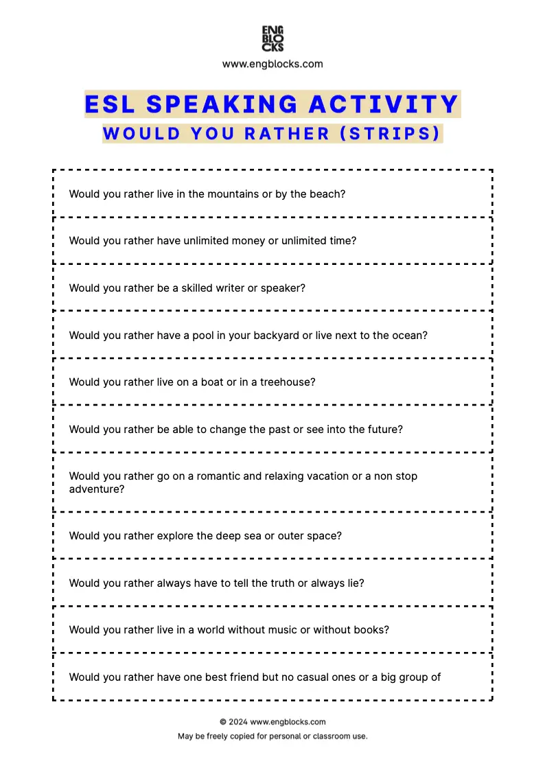 Downloadable ESL Speaking Activity Worksheet with twenty Would You Rather ESL Questions (strips format)