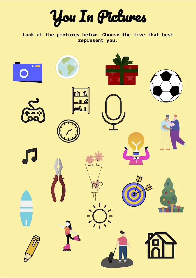 ESL Speaking Activity Worksheet where choose pictures that best represent them.