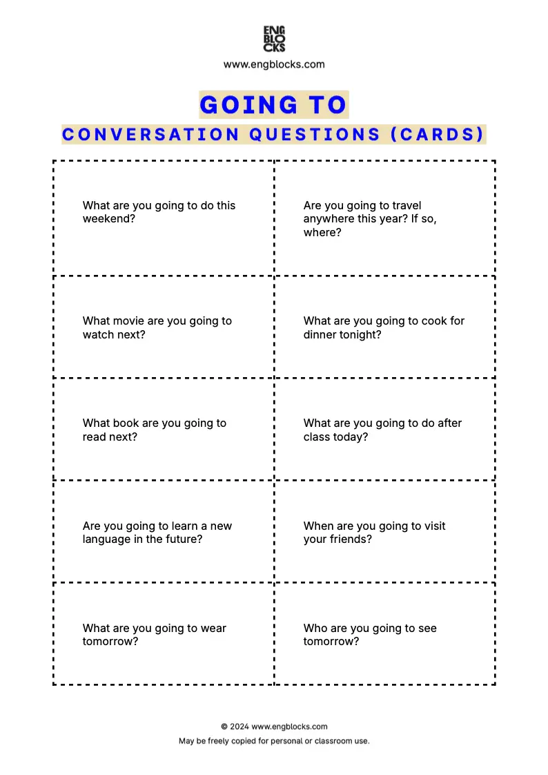 Going To Conversation Questions Worksheet (cards format)