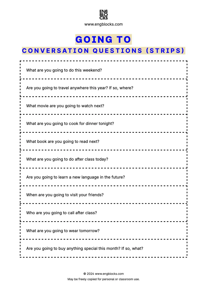 Going To Conversation Questions Worksheet (strips format)
