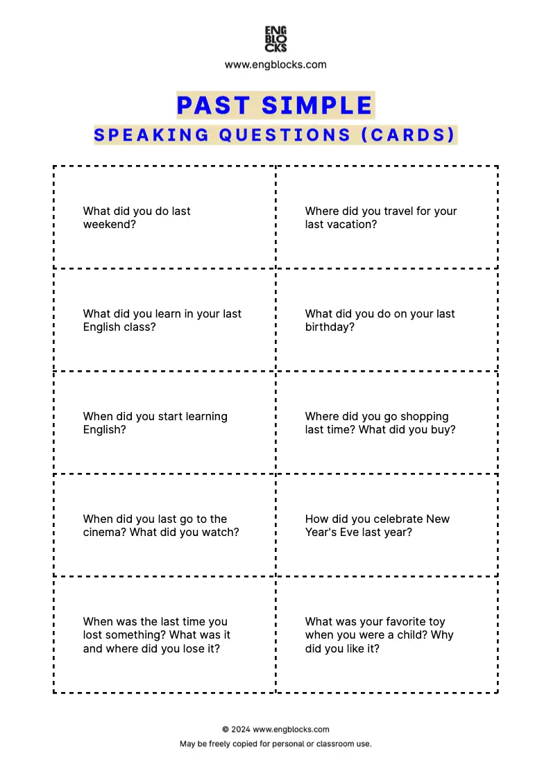 Past Simple Speaking Questions Worksheet (cards format)