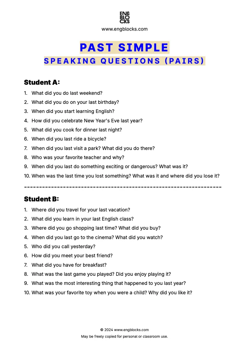 Past Simple Speaking Questions Worksheet (pair work format)