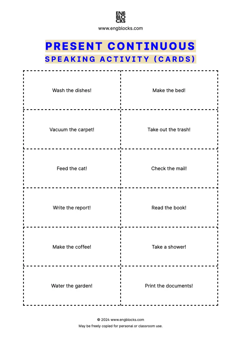 ESL Speaking Activity to practice using Present Continuous (cards format)