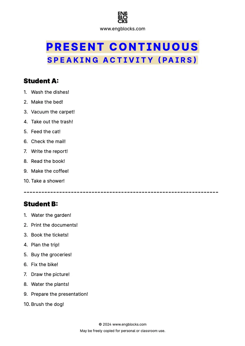 ESL Speaking Activity to practice using Present Continuous (pair work format)