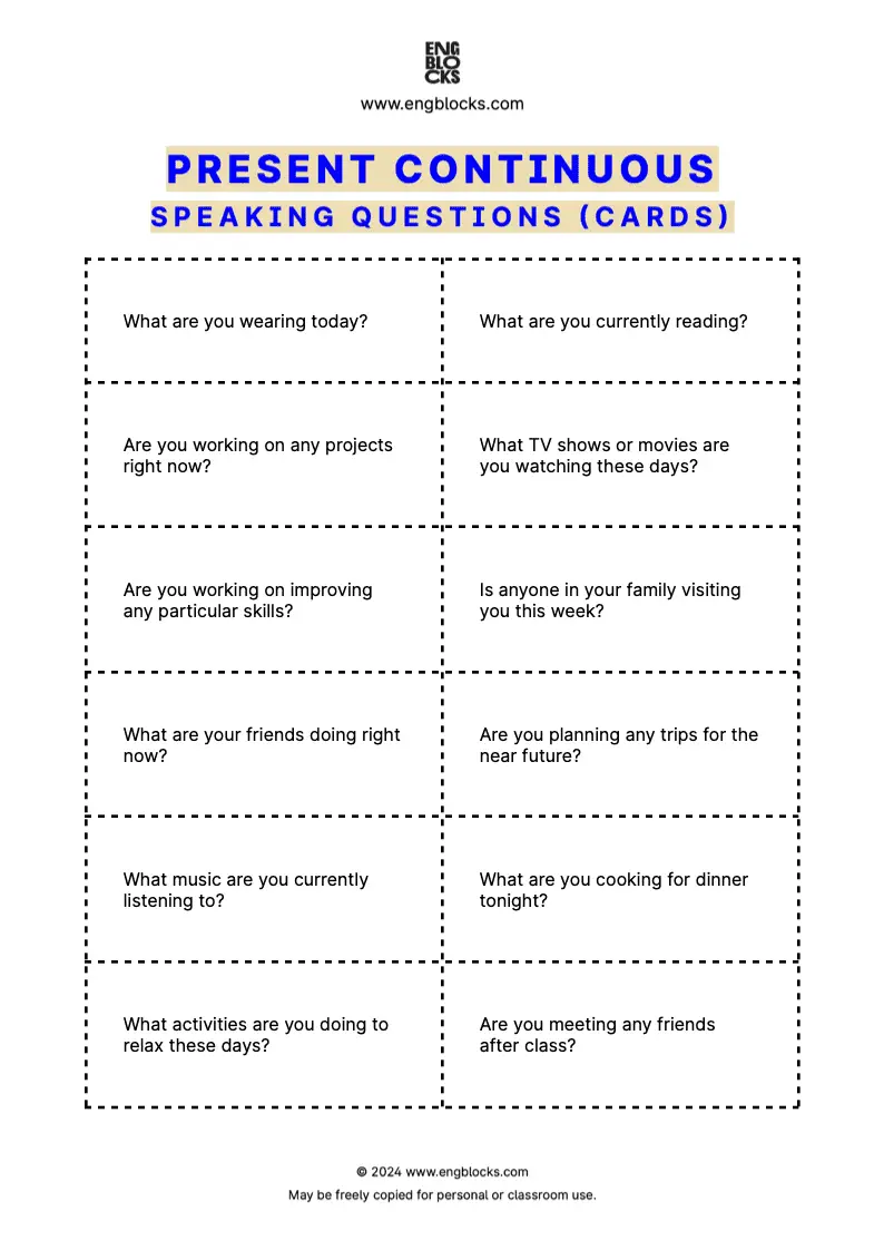 Questions to practice using Present Continuous (cards format)