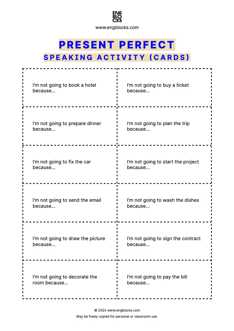 ESL Speaking Activity to practice using Present Perfect (cards format)