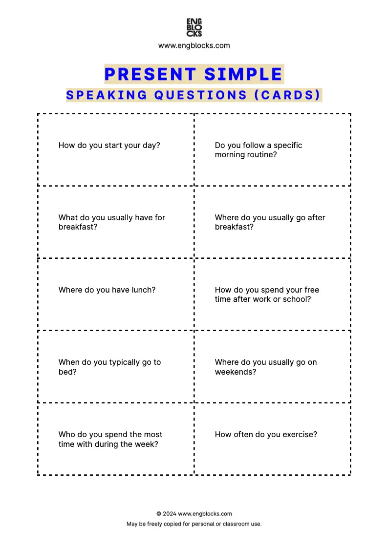 Present Simple Speaking Questions (cards format)