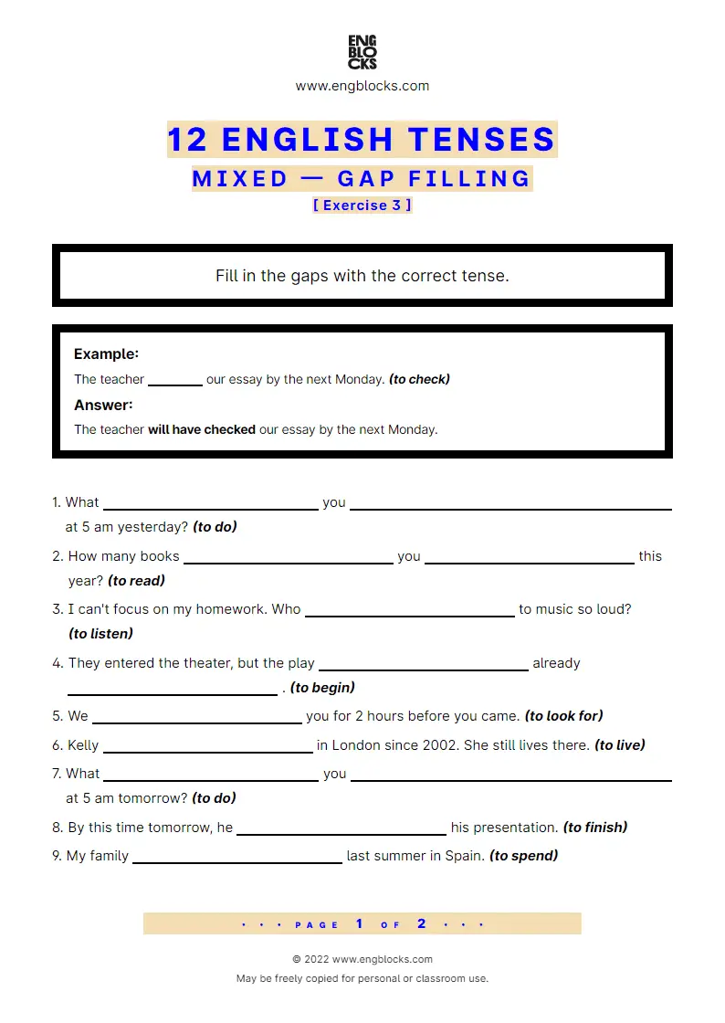 Grammar Worksheet: 12 English Tenses — Gap filling — Exercise 3