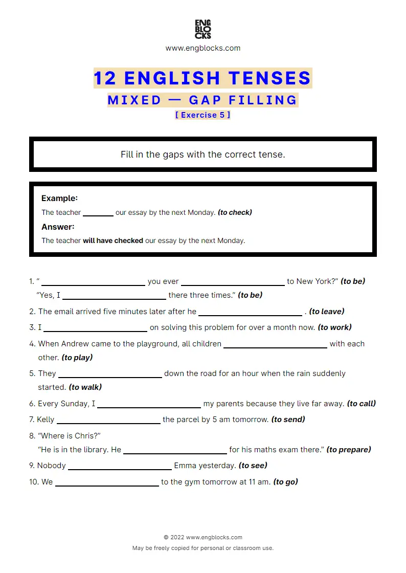 Grammar Worksheet: 12 English Tenses — Gap filling — Exercise 5